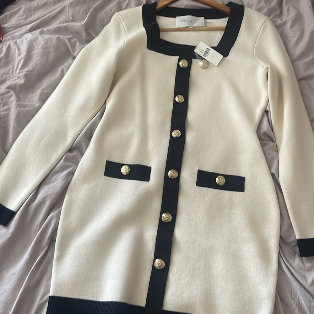 Elegant Cream and Black dress with Gold Buttons